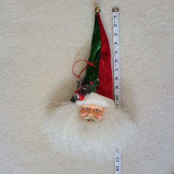 Vintage Lg Santa Face Ornament Velvet Cap Jingle Bell Greenery Door Wall Tree - Picture 11 of 13
